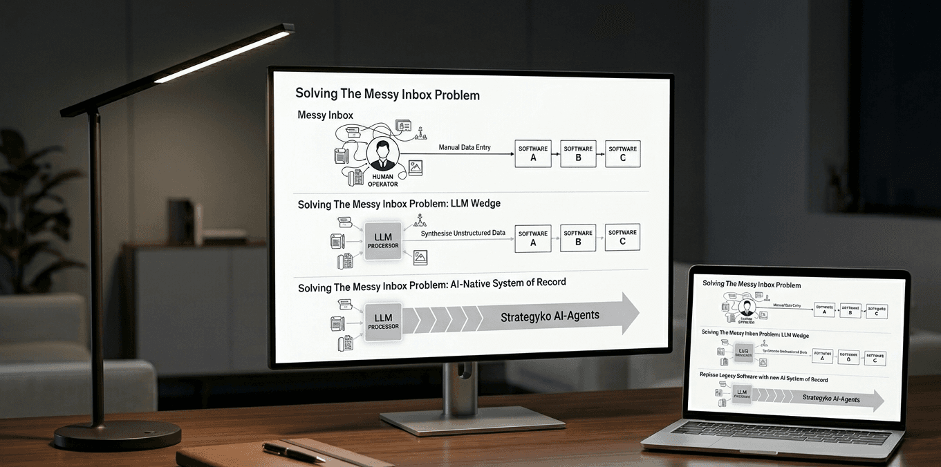 Diagrama de evolución del dato: de entrada manual fragmentada a Strategyko AI-Agents como sistema unificado