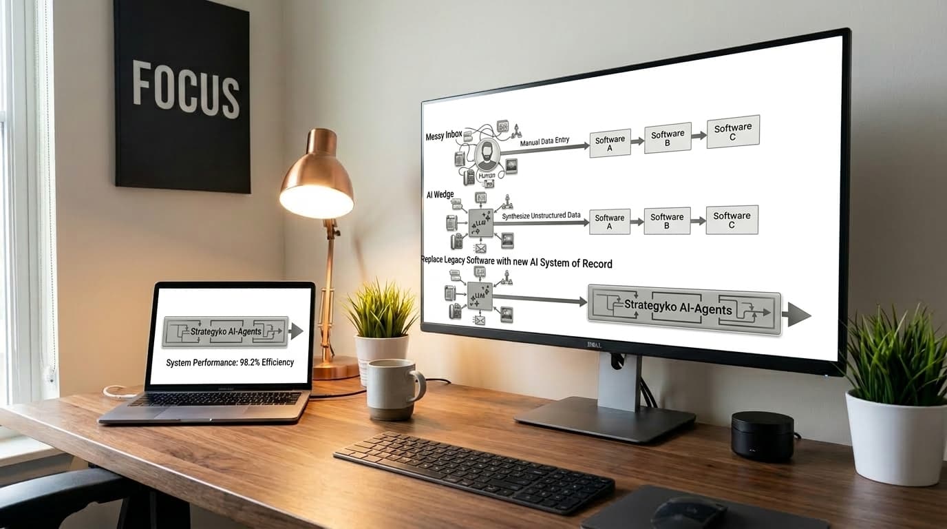 Diagrama de evolución del dato: de entrada manual fragmentada a Strategyko AI-Agents como sistema unificado